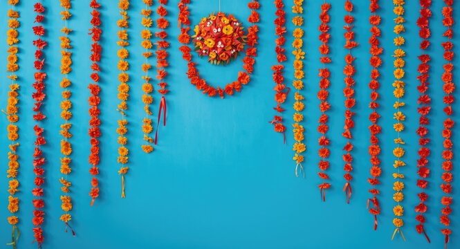 Vibrant blue background decorated with traditional Manjerico paper garlands for summer event copy space
