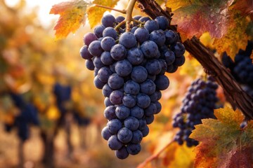 Fototapeta premium Close up of vibrant Alibernet grapes hanging on vine in autumn vineyard