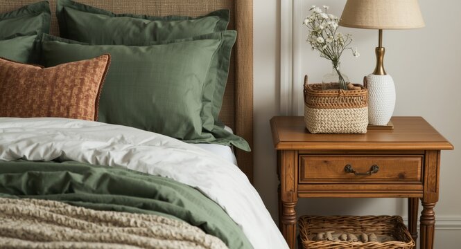 Stylish bedroom arrangement with green linens, decorative basket, and classic wooden nightstand
