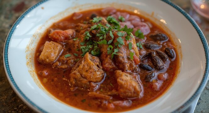 Traditional Mexican pork stew cooked with achiote and served with spicy beans and red onion
