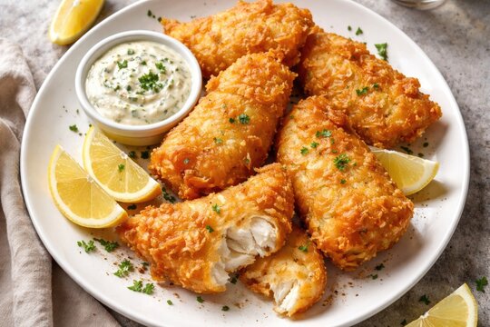 Golden crispy battered cod with fresh lemon wedges and creamy tartar sauce on a white dish top view