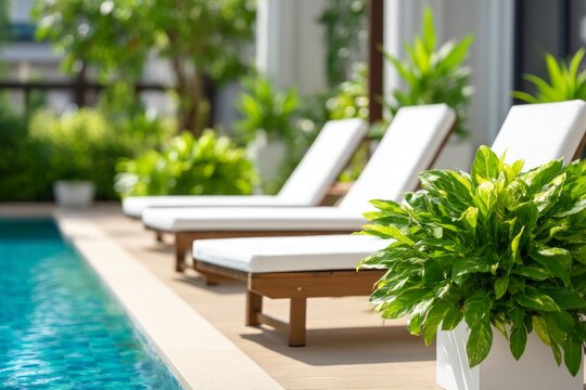 Serene Poolside Retreat with Lounge Chairs Surrounded by Lush Greenery in a Backyard