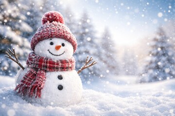 Fototapeta premium Joyful snowman wearing a hat on a snowy winter backdrop with room for text