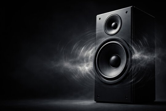 Black modern speaker blasting sound with ample copy space on dark backdrop