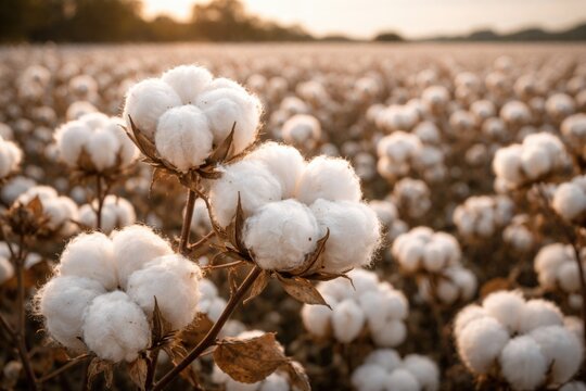 detailed close-up of soft cotton blooms in an expansive field