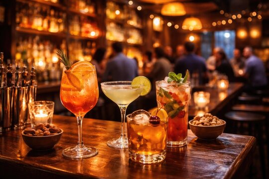 Lively afterwork cocktails served at a cozy bar with vibrant lighting and warm ambiance