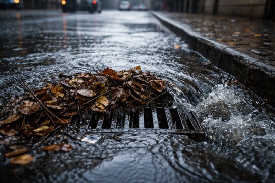 Blocked water drainage system on urban road with leaf debris causing water flow disruption