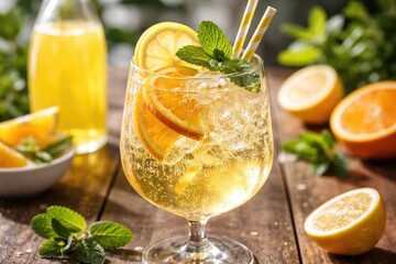 Obraz premium Refreshing Limoncello spritz cocktail in a clear glass with citrus garnish