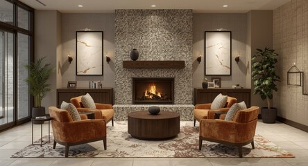 Obraz premium welcoming lounge space featuring a tiled fireplace and relaxed seating