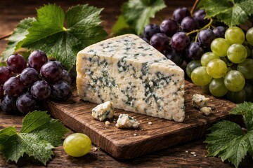 Fototapeta premium Blue cheese with fresh grapes and green leaves on rustic wood backdrop for food design