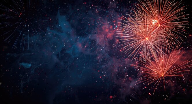 Spectacular fireworks for New Year over a unique abstract holiday themed backdrop with copy space