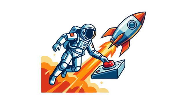Start-up Founder astronaut in space suit pressing launch button with rocket fire on white background, ideal for business project kick-off, corporate growth and entrepreneurial success
