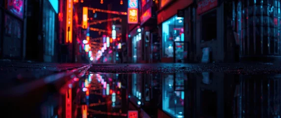Urban street illuminated by neon lights of different colors with puddle reflections and abstract starry bokeh effect © vxnaghiyev