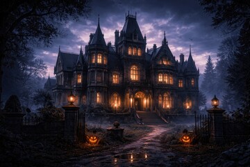 Obraz premium Panoramic perspective of a Gothic Victorian mansion blending eerie twilight ambiance with contemporary graphic style