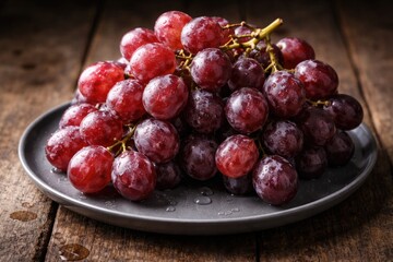 Fototapeta premium Close-up view of ripe red grapes displayed on a sleek gray ceramic plate over a rustic wooden surface showcasing juicy texture