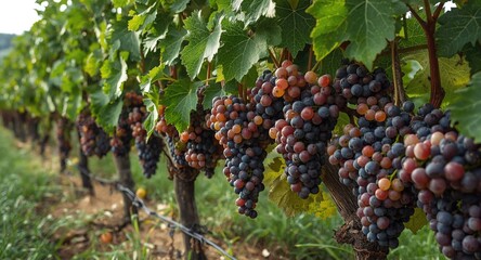 Fototapeta premium Thriving grape vines filled with heavy clusters of ready to pick fruit