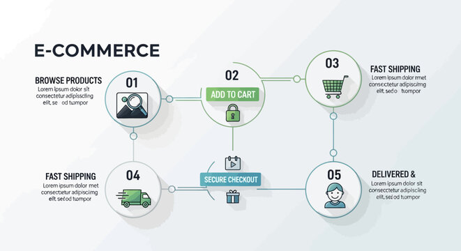 E-commerce infographic, online shopping diagram, business process flowchart, digital retail illustration, vector graphic
