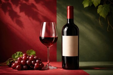 Fototapeta premium Sophisticated red wine bottle and glass on a minimalist red and green backdrop with soft shadows for vineyard themes