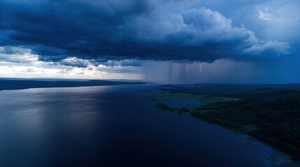 Obraz premium Aerial View of Lightning Storm Over Lake
