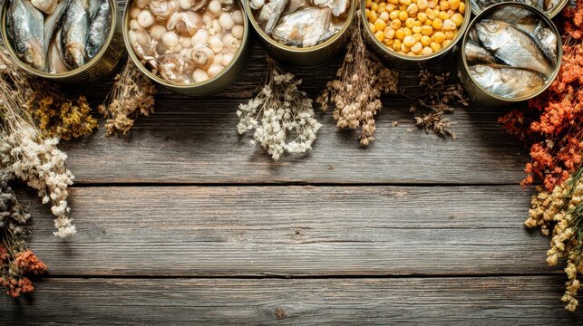 Rustic Arrangement of Preserved Seafood and Herbs on Wood Surface With Wide Background and Empty Space for Brand Display