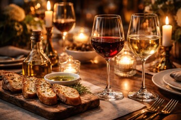 Fototapeta premium Luxurious table setting with wine glasses full of red and white wine, toasted baguette, and olive oil for a festive celebration