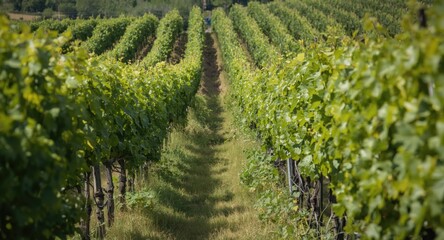 Fototapeta premium Vineyard rows dense with greenery thriving throughout a lively summer period