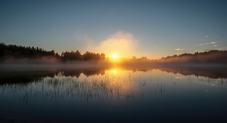 Fototapeta premium Summer solstice lake illuminated by golden sunlight with a blanket of fog and noctilucent clouds