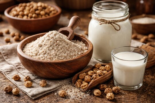 Close up image of homemade tiger nuts flour and fresh milk on rustic kitchen table