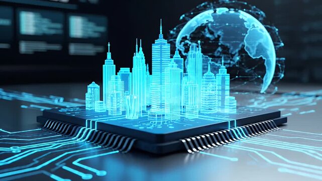 A powerful computer microchip with circuit patterns and a glowing global network on a dark background.