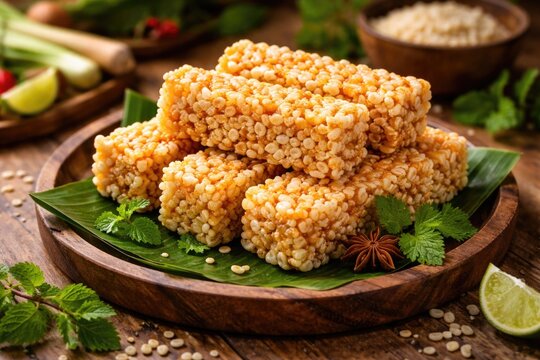Traditional crispy Jipang Beras Brondong served on wooden plate with vibrant herb garnishes
