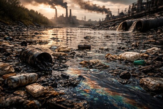 Polluted water body covered with floating debris after an industrial spill demonstrating environmental harm