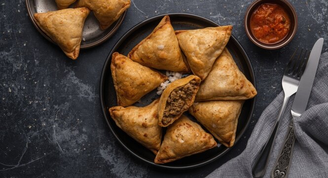 Top down image of crisp samosas stuffed with seasoned meat mixture