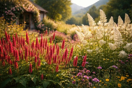 Sunny country garden with blooming red bistort and soft mountain fleece flowers