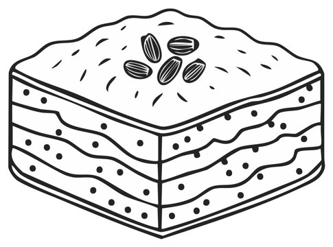 Hand-drawn illustration of a square piece of baklava with almonds