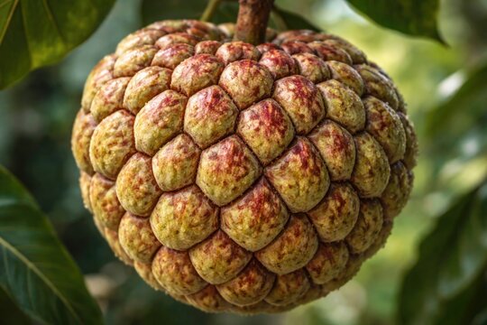 Close up of a fleshy araticum fruit resembling bread fruit with textured skin
