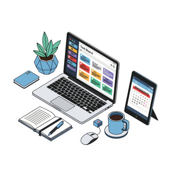 Isometric View of a Modern Workspace with Laptop, Tablet, and Accessories.