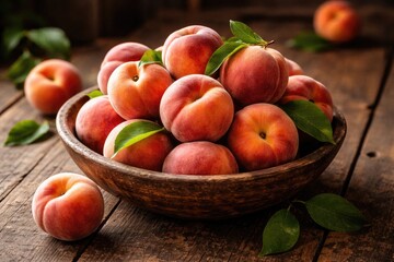 Fototapeta premium A rustic bowl heaped with freshly picked ripe peaches on a wooden table