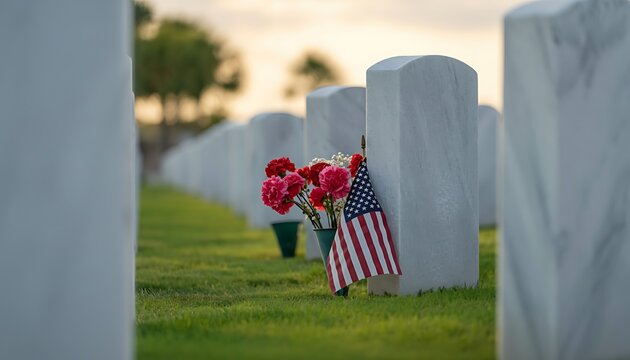memorial day american flag and flowers at a grave in a military cemetery at sunset