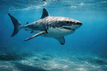 Naklejka premium Majestic great white shark swimming gracefully in clear ocean waters