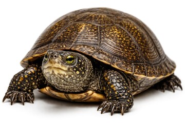 Fototapeta premium European Pond Turtle Close-Up Showcasing Shell Textures and Bright Eyes Isolated on White
