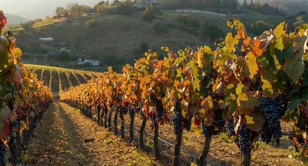 Fototapeta premium Vibrant Malbec grapes flourishing across sunlit vineyard terraces in early autumn
