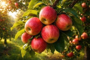 Fototapeta premium A vibrant cluster of ripe apples ready for picking in a lush orchard