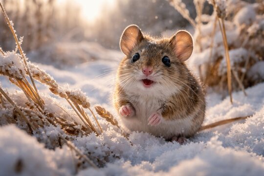 A cheerful field mouse exploring a snowy winter morning field in search of food