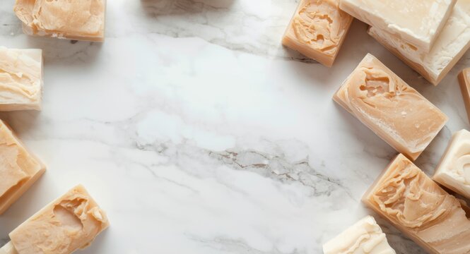 Soap bars neatly stacked on white marble surface with ample copy space for custom text