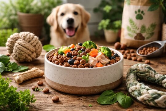 Wholesome dog food in ceramic bowl promoting sustainable living with eco friendly dog toys