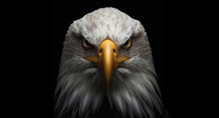 Obraz premium Intense stare of a bald sea eagle in closeup over a smooth dark matte backdrop