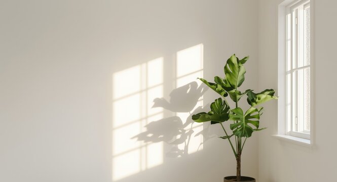 Sunshine entering through kitchen folding door creating window frame shadows on a plain wall with fiddle leaf fig plant