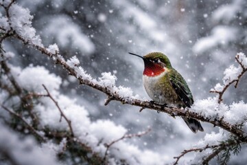 Obraz premium A rare sighting of a hummingbird visiting snowy branches during a winter storm