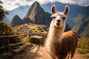 Fototapeta premium Curious Andean llama standing at a historic mountain viewpoint