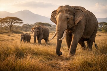 Obraz premium Asian Elephants Roaming in Open Landscape at Sunset